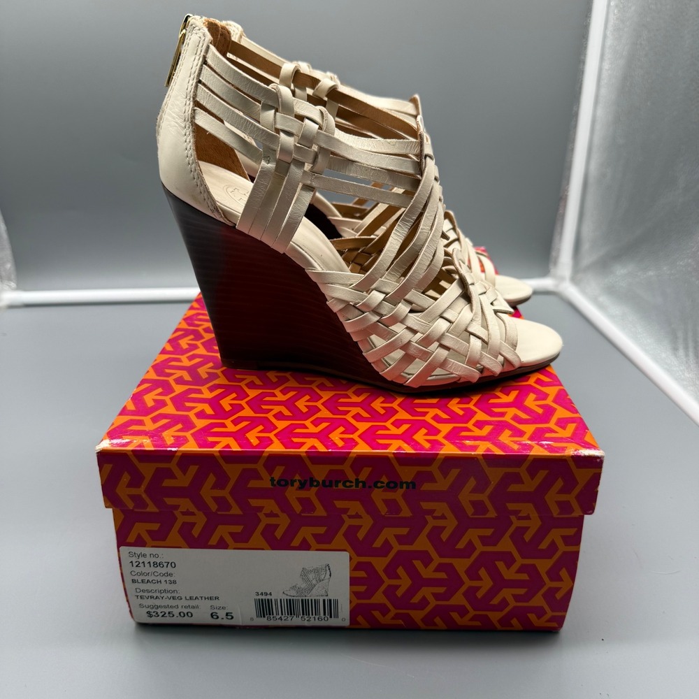 Tory Burch Tevray Bleach Off White Woven‎ Leather Wedge Sandals Womens 6.5